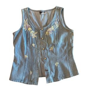 Vintage Together! Floral Embroidered Denim Vest Light Wash Cotton Size 8 90s